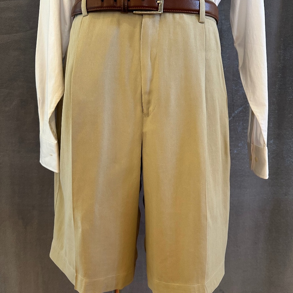 New Henry Jacobson 34” waist khaki silk herringbone reverse pleat shorts